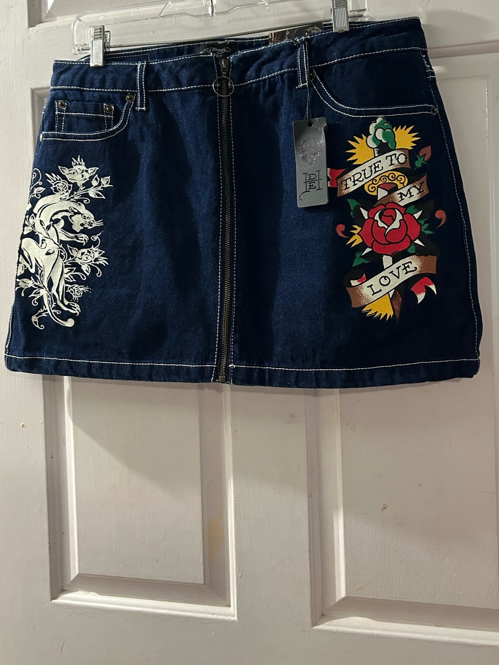 Ed Hardy Navy Denim Mini Skirt with Floral Banner Embroidery